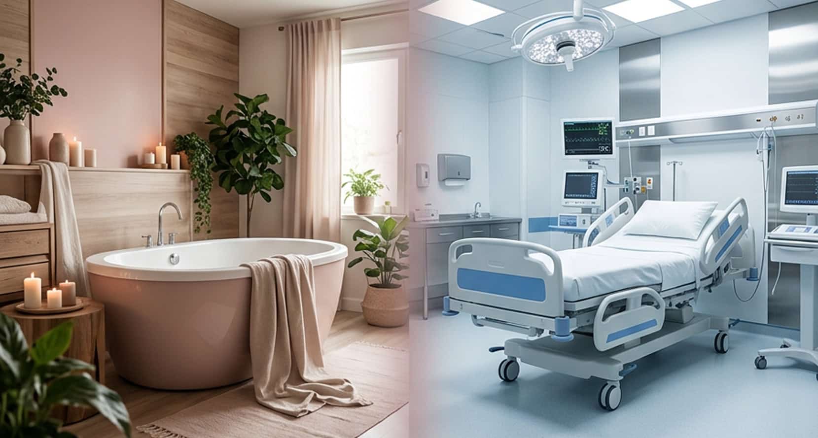 Split image comparing a warm home-like birth center with a freestanding tub to a clinical hospital delivery room